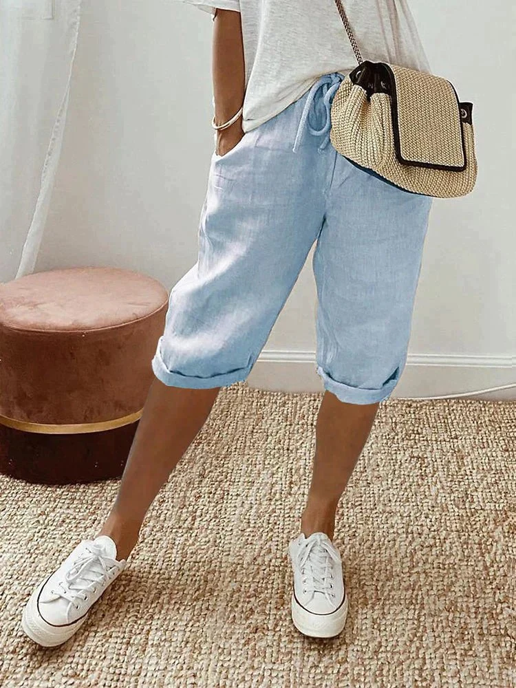Marlene | Damen Leinen Bermuda Shorts mit Kordelzug gekürzt