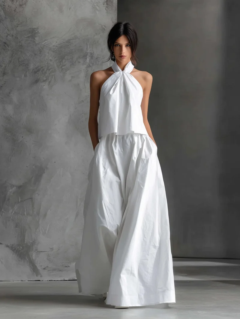 Hannah | Damen Neckholder Linen Top Rock Set Ärmellos
