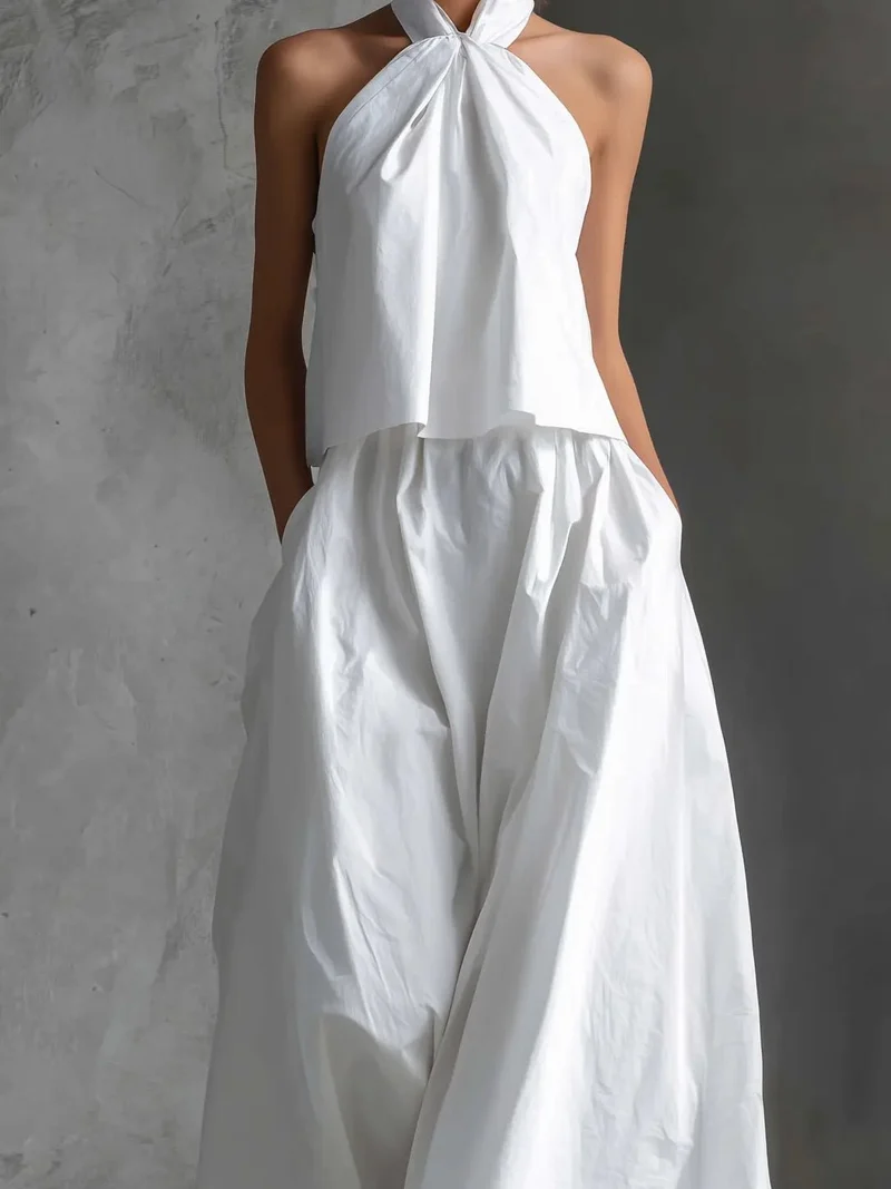 Hannah | Damen Neckholder Linen Top Rock Set Ärmellos
