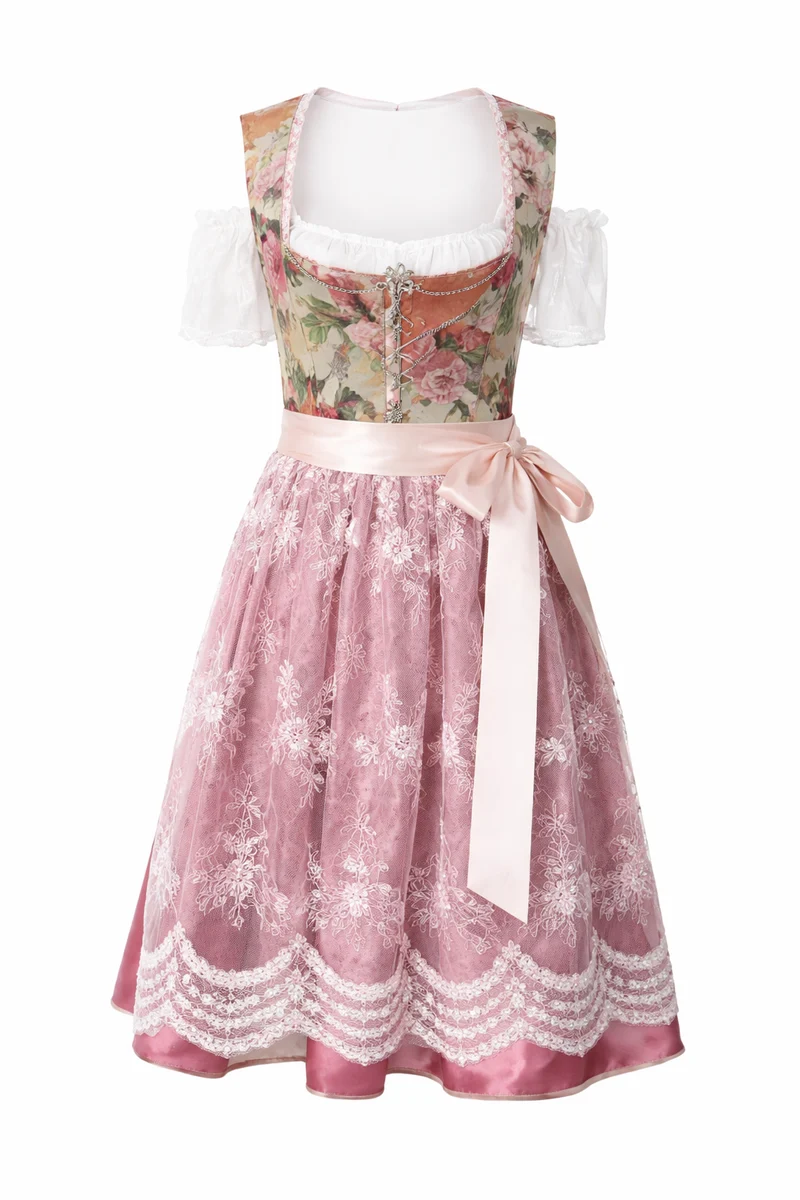 Damen Dirndl Kleid mit Blütenmuster, Frontverschluss und Spitzenschürze