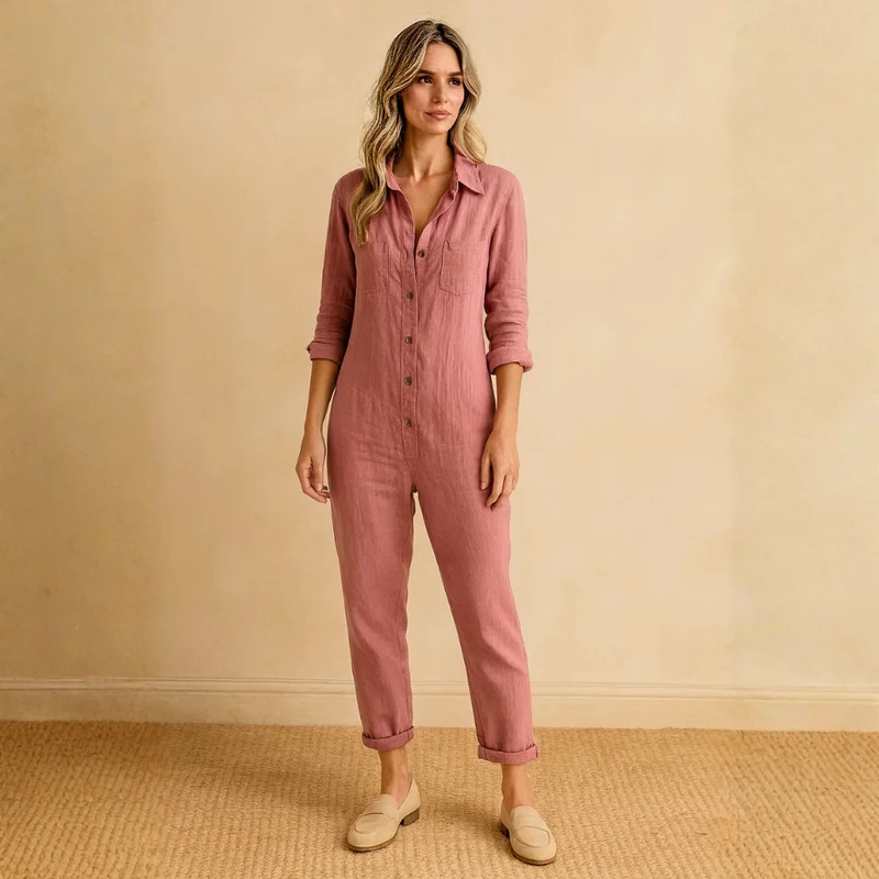 Damen Jumpsuit mit langen Ärmeln, Knopfleiste, Kragen und Brusttaschen