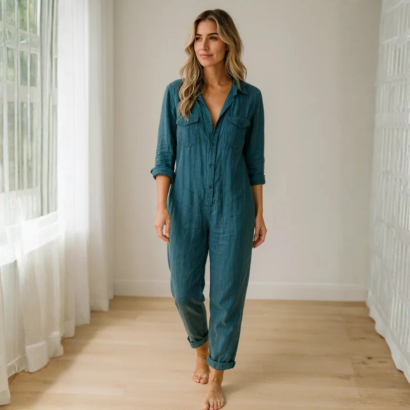 Damen Jumpsuit mit langen Ärmeln, Knopfleiste, Kragen und Brusttaschen
