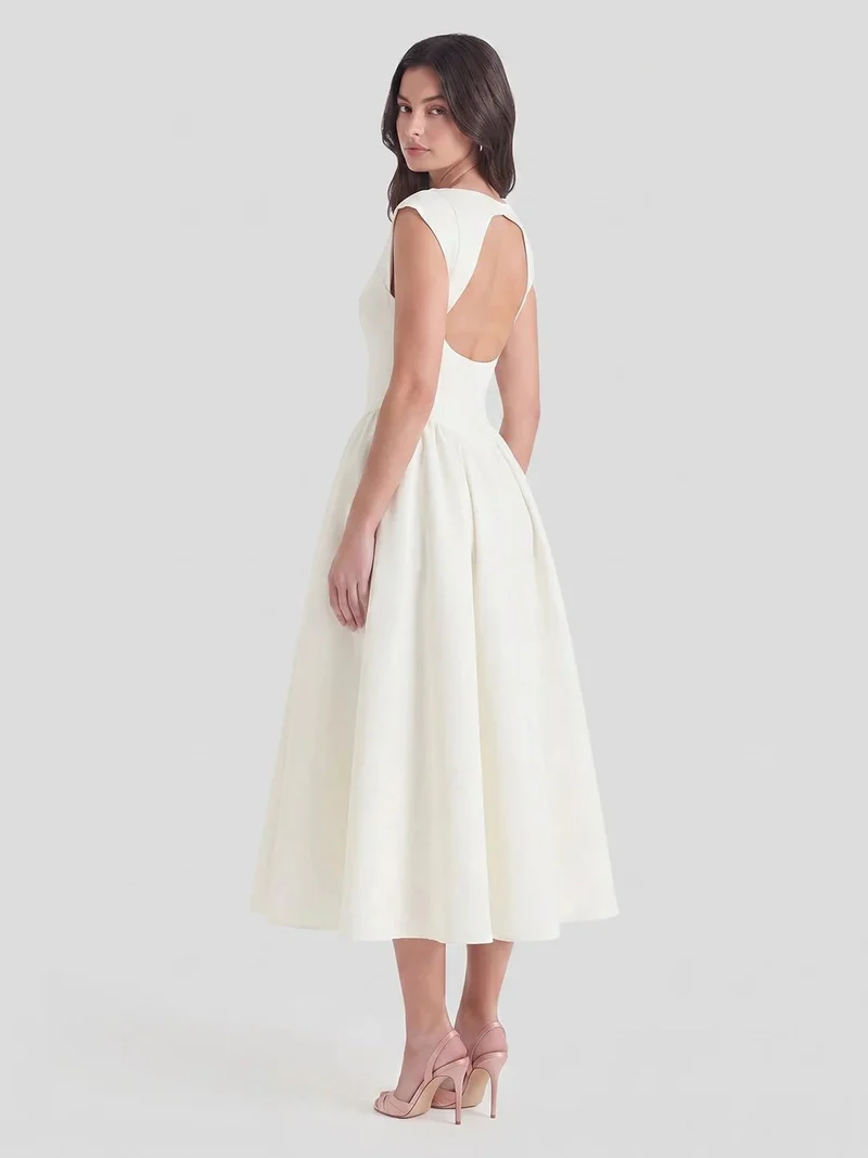 Marlene | Damen Vintage Bateau-Ausschnitt Satin Midi Kleid mit Tellerrock