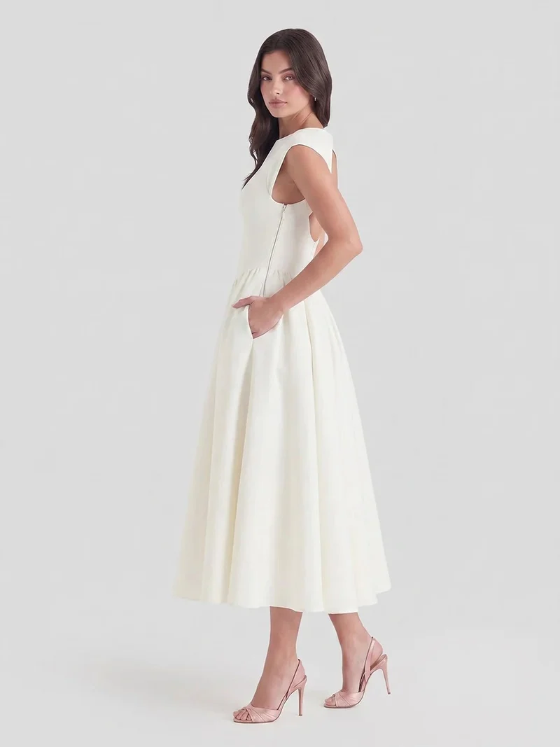 Marlene | Damen Vintage Bateau-Ausschnitt Satin Midi Kleid mit Tellerrock