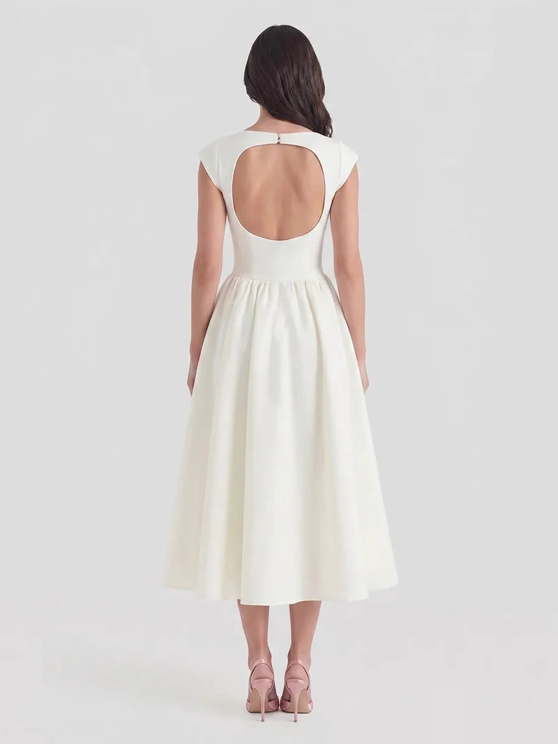 Marlene | Damen Vintage Bateau-Ausschnitt Satin Midi Kleid mit Tellerrock