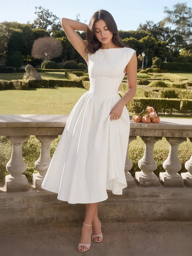 Marlene | Damen Vintage Bateau-Ausschnitt Satin Midi Kleid mit Tellerrock