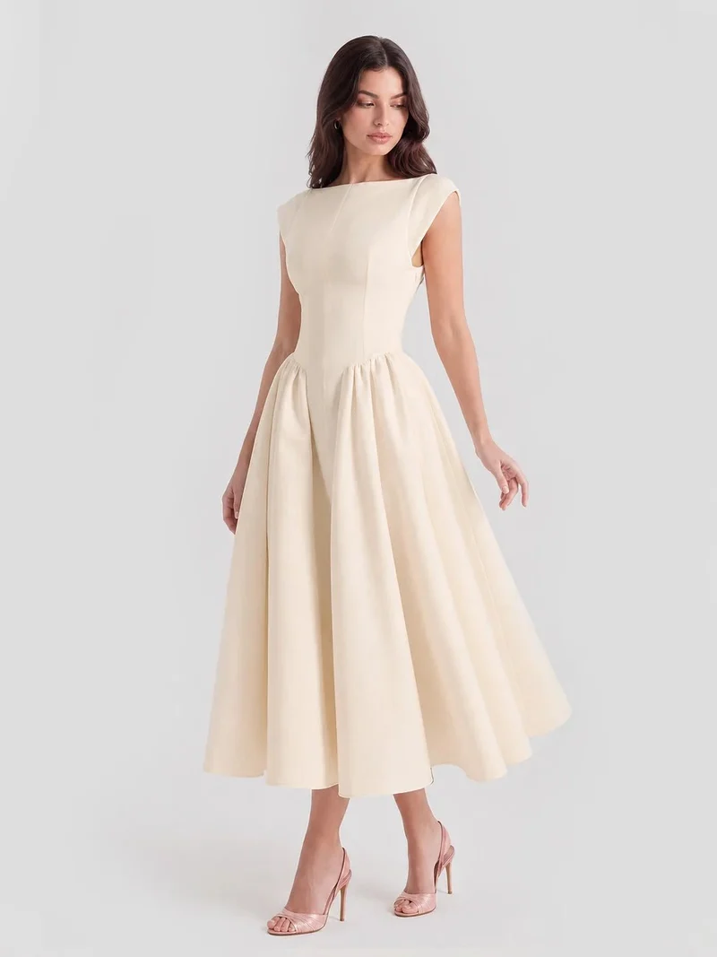 Marlene | Damen Vintage Bateau-Ausschnitt Satin Midi Kleid mit Tellerrock