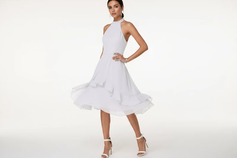 Damenkleid mit Halterneck und Ausgestelltem Rock mit Lagen-Saum