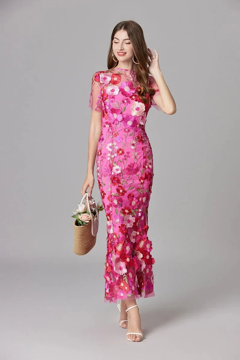 Elfriede | Maxi-Kleid ärmellos mit 3D-Blumen-Applikationen