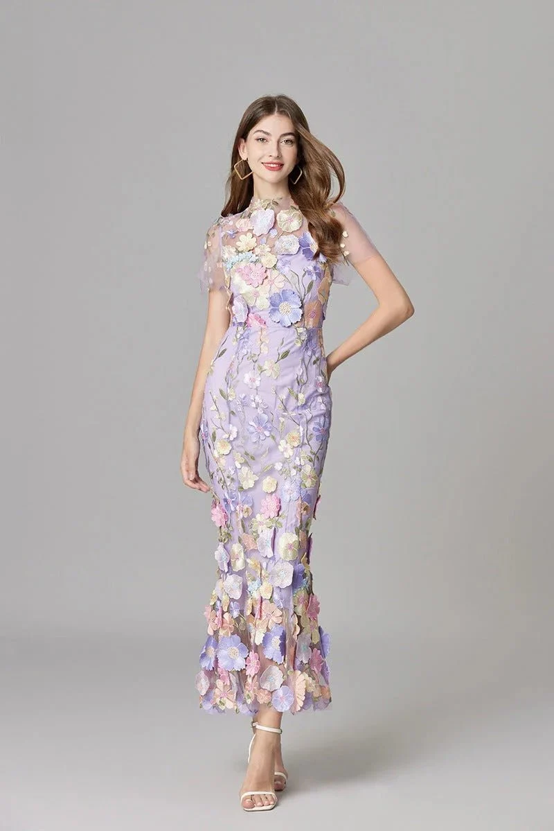 Elfriede | Maxi-Kleid ärmellos mit 3D-Blumen-Applikationen