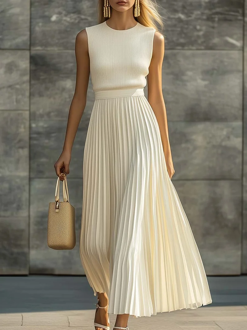 Elfriede | Maxi Kleid Plissiert Strick Chiffon Rundhalsausschnitt