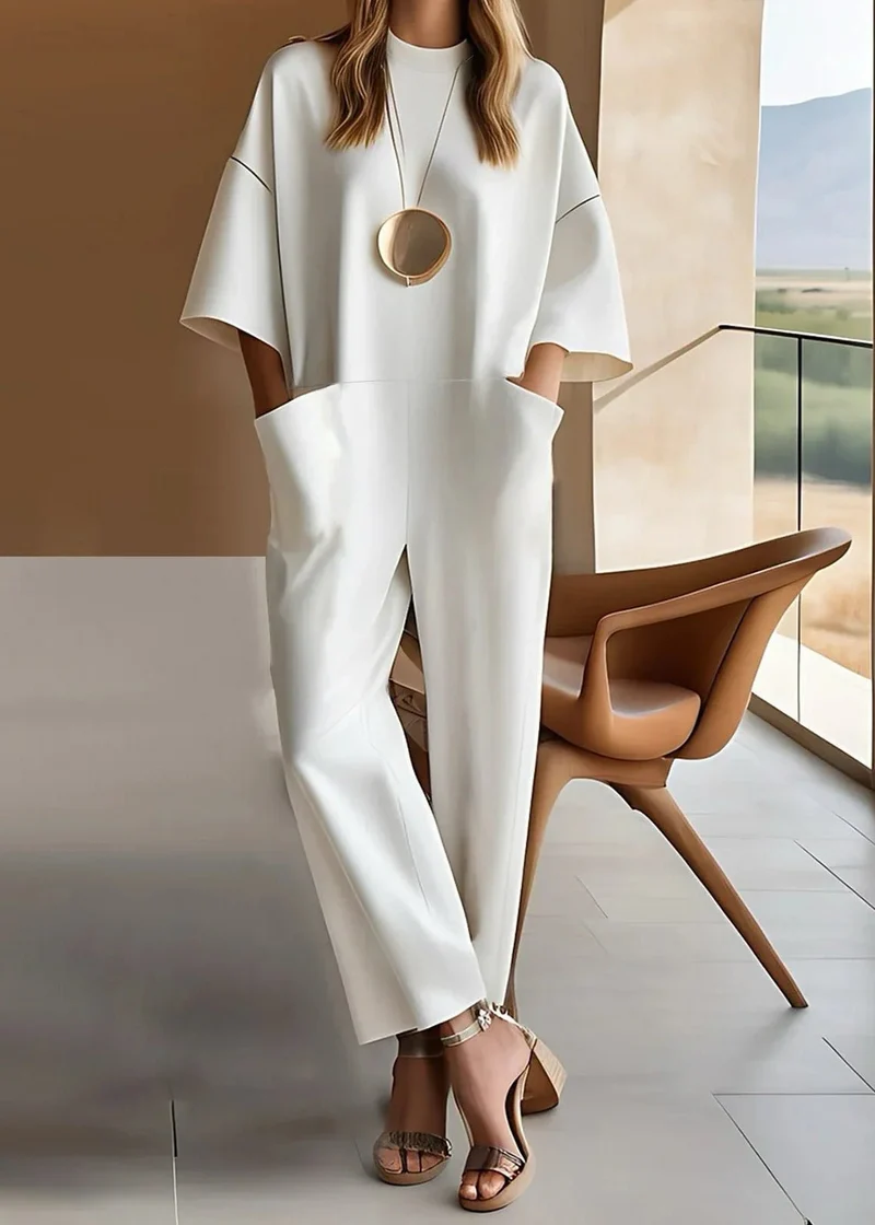 Marie | Damen Jumpsuit Weites Bein Kurze Ärmel Rundhals