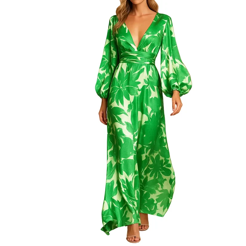Damen Langarm Maxikleid mit V-Ausschnitt und geraffter Taille