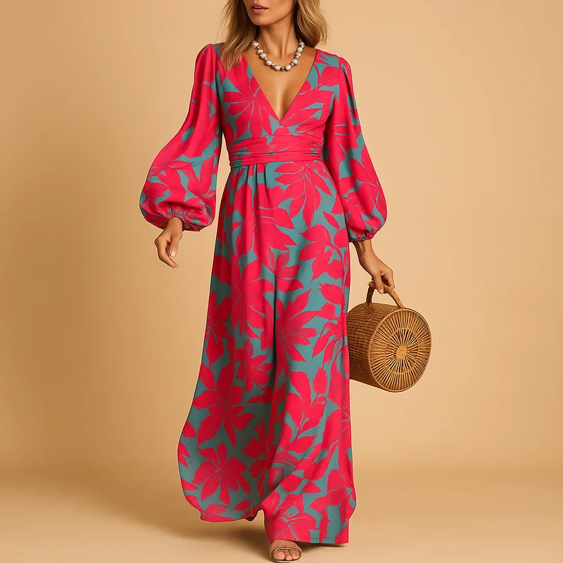 Damen Langarm Maxikleid mit V-Ausschnitt und geraffter Taille