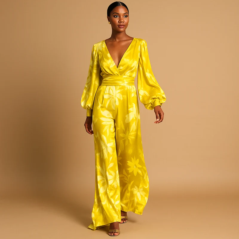 Damen Langarm Maxikleid mit V-Ausschnitt und geraffter Taille