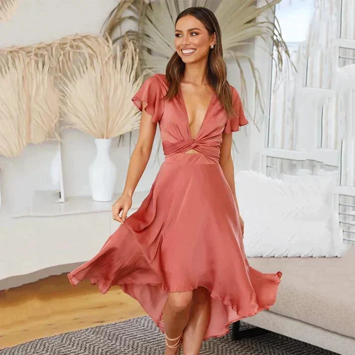 Damen Midikleid mit Kurzen Ärmeln, Frontbindung und Asymmetrischem Saum
