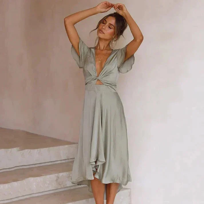 Damen Midikleid mit Kurzen Ärmeln, Frontbindung und Asymmetrischem Saum