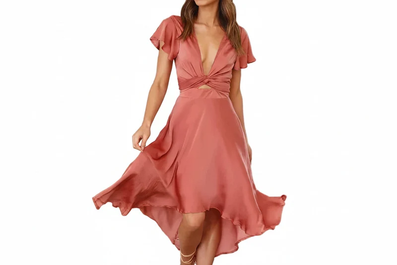 Damen Midikleid mit Kurzen Ärmeln, Frontbindung und Asymmetrischem Saum