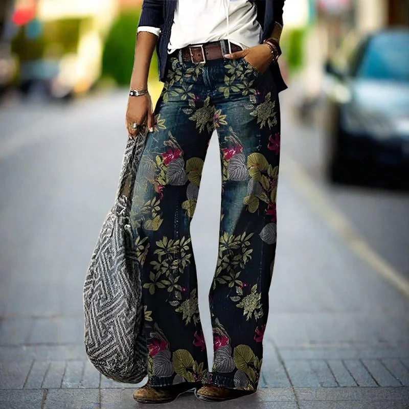 Damen Gerade Geschnittene Hose mit Muster und Gürtelschlaufen