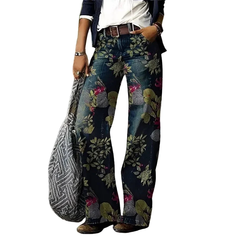 Damen Gerade Geschnittene Hose mit Muster und Gürtelschlaufen