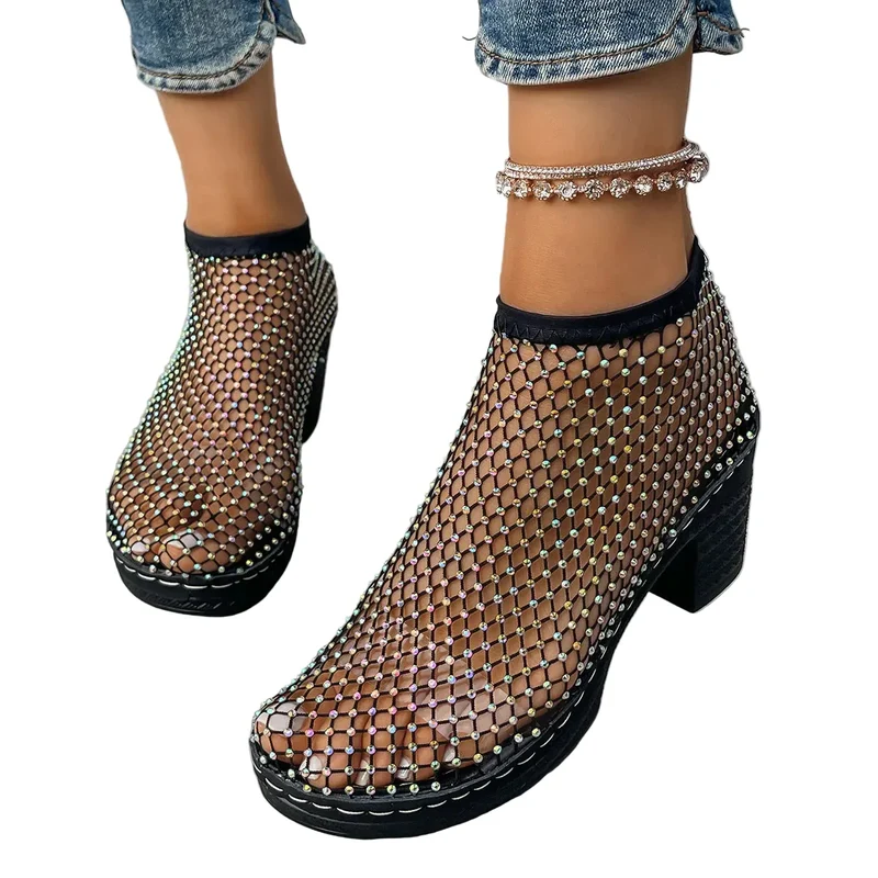 Damen Mesh-Ankelschuhe mit Strassdetails und Blockabsatz