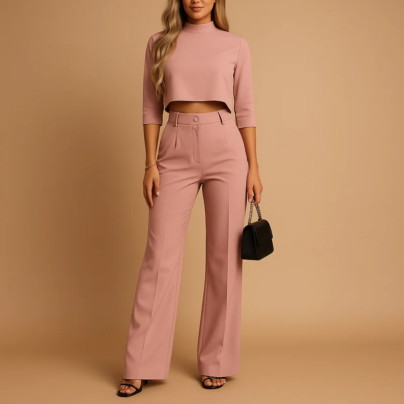 Damen Zweiteiliges Set mit Kurzem Langarm-Oberteil und Gerade Geschnittener Hose
