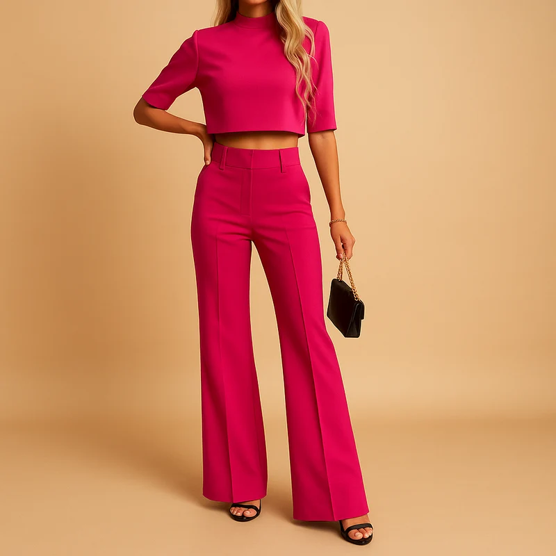 Damen Zweiteiliges Set mit Kurzem Langarm-Oberteil und Gerade Geschnittener Hose