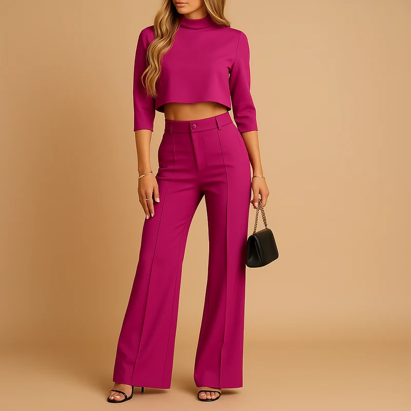 Damen Zweiteiliges Set mit Kurzem Langarm-Oberteil und Gerade Geschnittener Hose