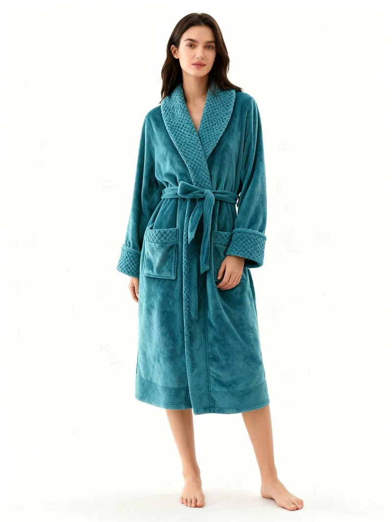 Unisex Bademantel lang mit Gürtel, Schalkragen und aufgesetzten Taschen