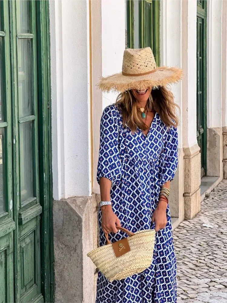 Elfriede | Boho Maxi Kleid V-Ausschnitt Geometrisches Muster