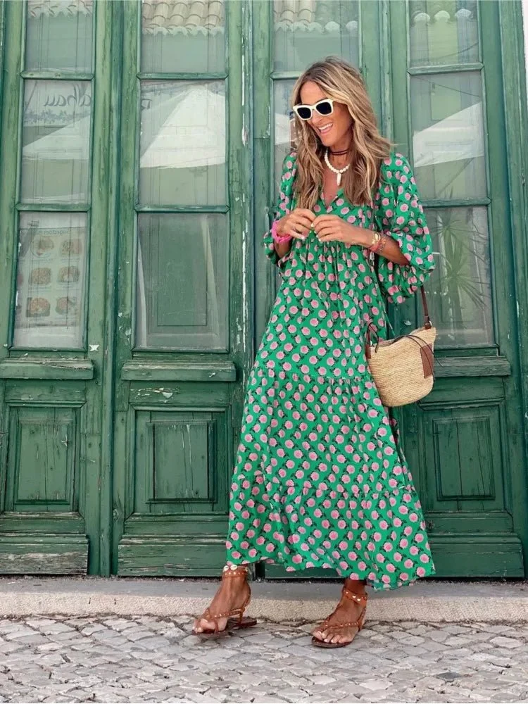 Elfriede | Boho Maxi Kleid V-Ausschnitt Geometrisches Muster