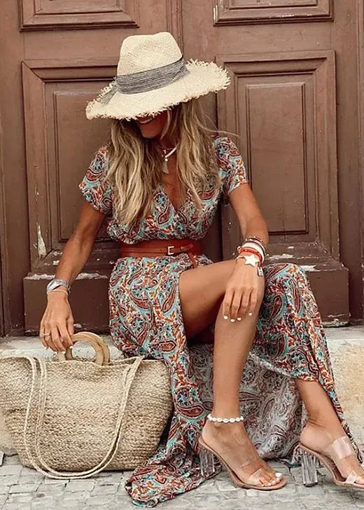 Charlotte | Damen Boho Maxikleid V-Ausschnitt mit Gürtel Kurzarm