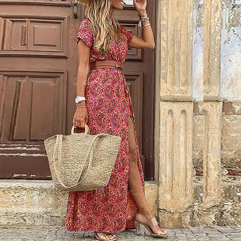 Charlotte | Damen Boho Maxikleid V-Ausschnitt mit Gürtel Kurzarm
