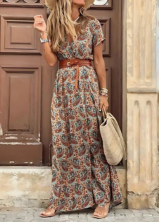Charlotte | Damen Boho Maxikleid V-Ausschnitt mit Gürtel Kurzarm