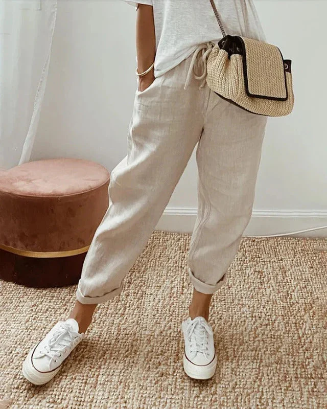 Damen Hose mit Kordelzugbund und Schmal Zulaufendem Bein