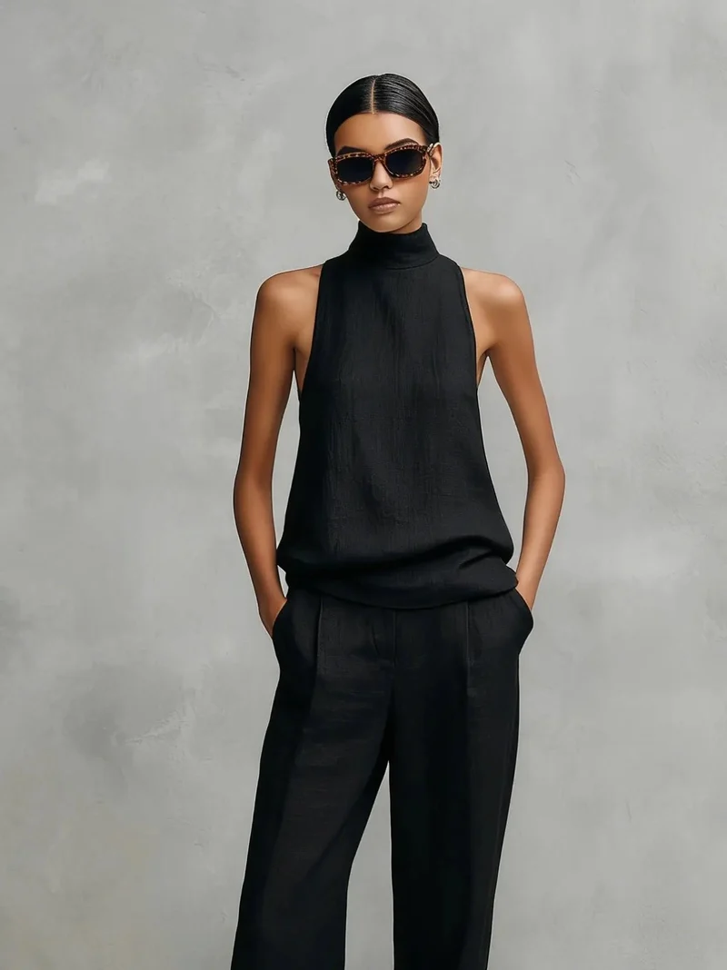 Clara | Damen Leinen Ärmellos Top Hose Zweiteiler Set