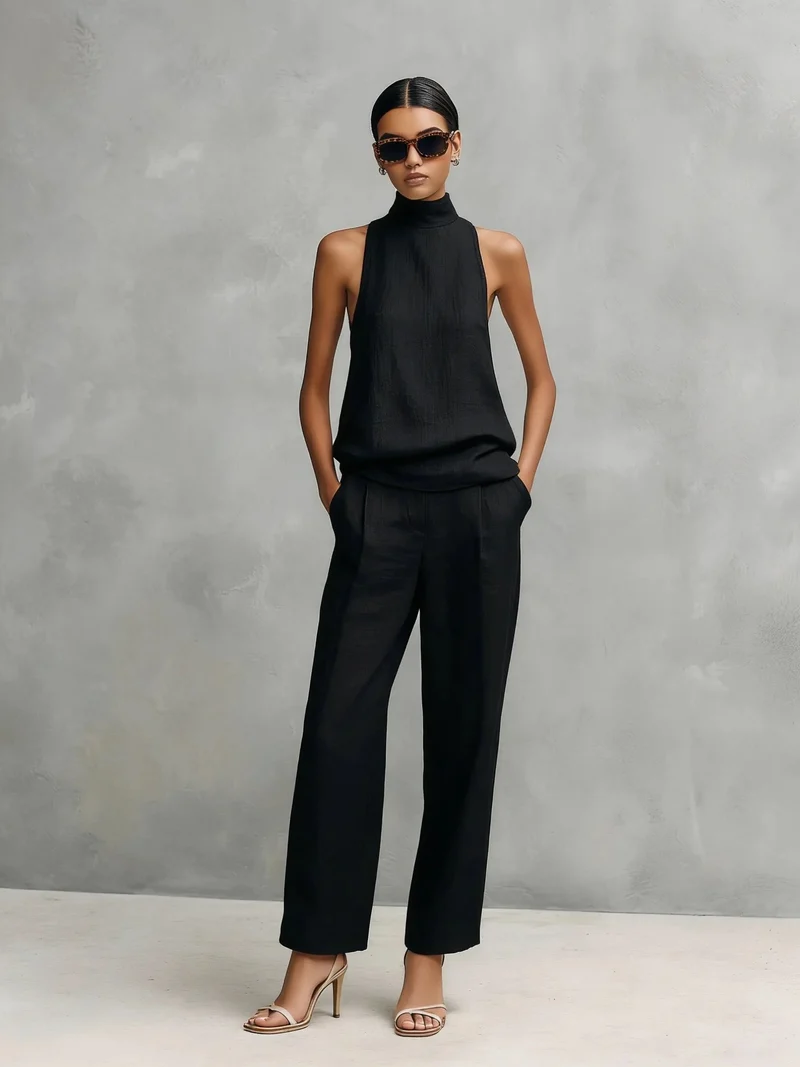 Clara | Damen Leinen Ärmellos Top Hose Zweiteiler Set