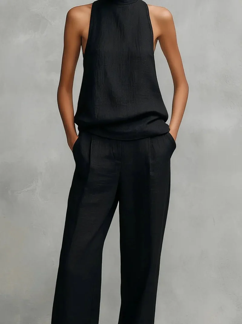 Clara | Damen Leinen Ärmellos Top Hose Zweiteiler Set