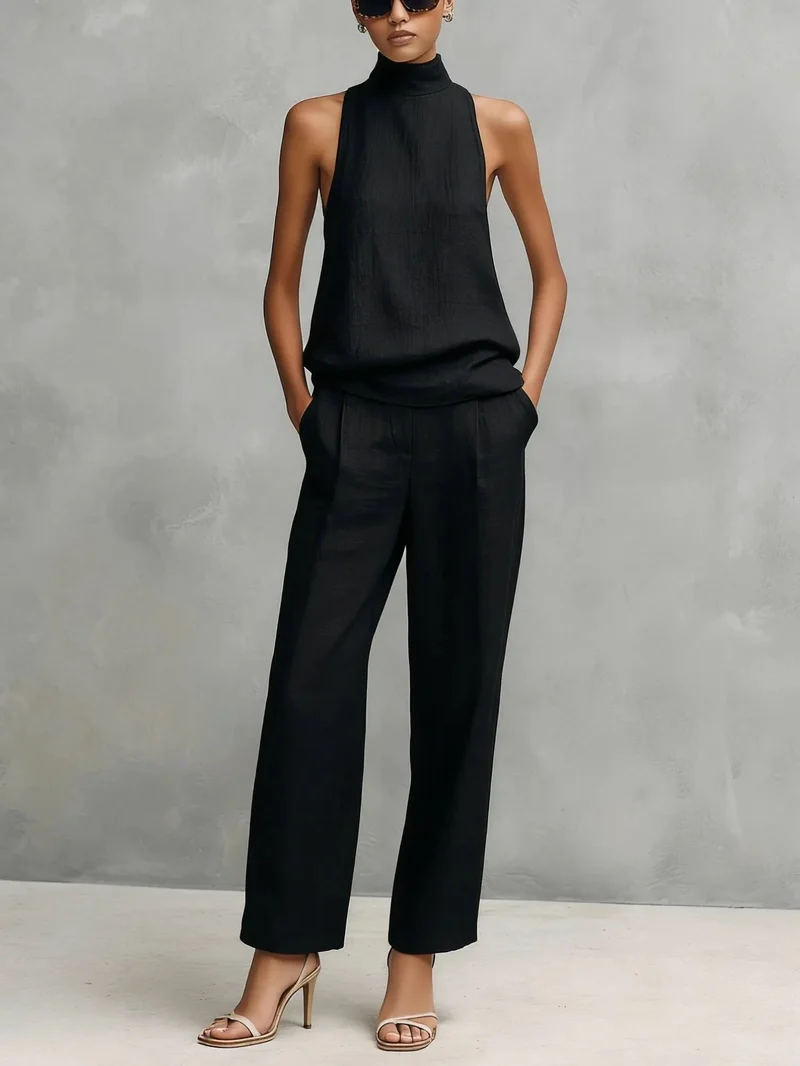 Clara | Damen Leinen Ärmellos Top Hose Zweiteiler Set