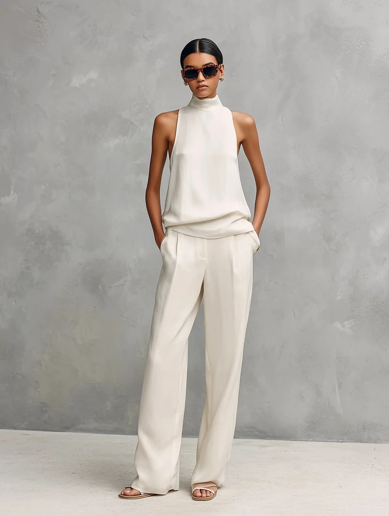Clara | Damen Leinen Ärmellos Top Hose Zweiteiler Set