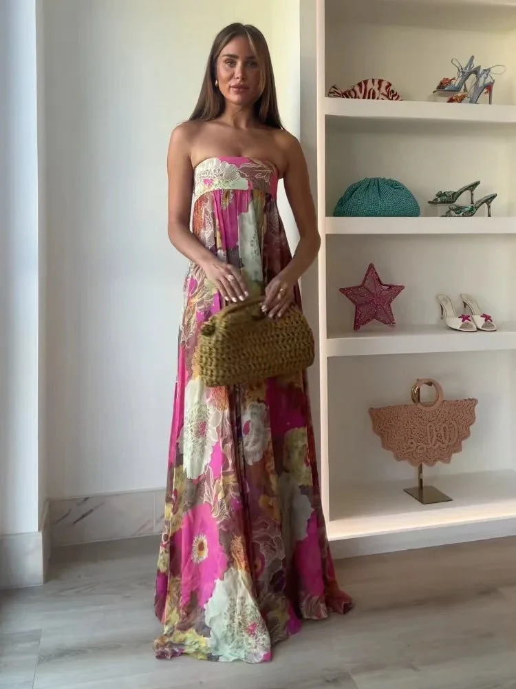 Sophie | Damen Trägerloses Blumen Maxi Hochzeitsgast Kleid