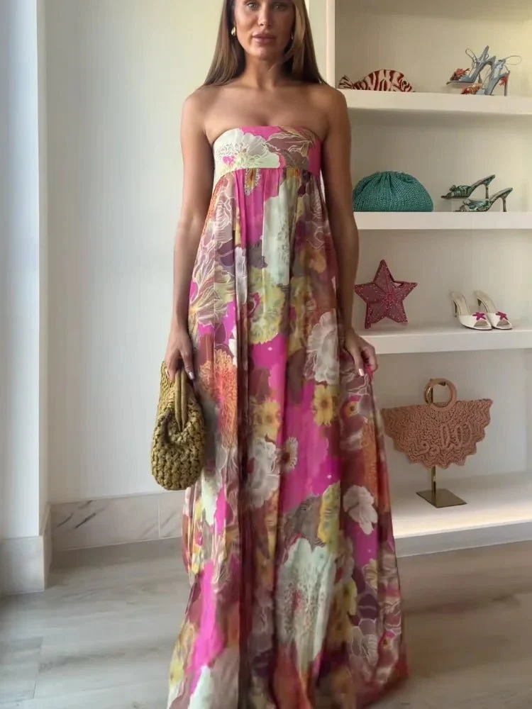 Sophie | Damen Trägerloses Blumen Maxi Hochzeitsgast Kleid