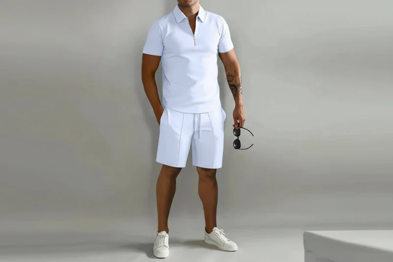 Herren Zweiteiliges Set Poloshirt mit Reißverschluss und kurze Hose