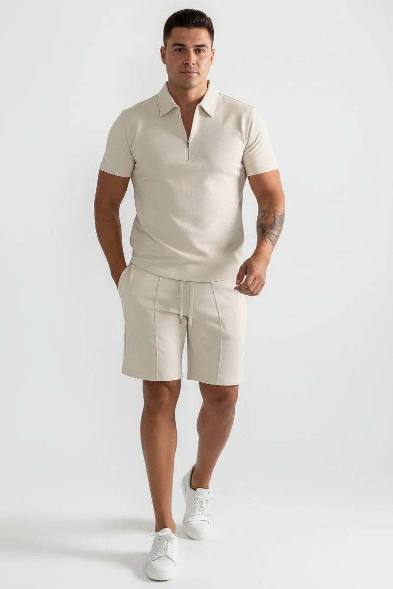 Herren Zweiteiliges Set Poloshirt mit Reißverschluss und kurze Hose