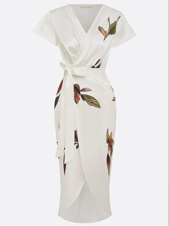 Annika | Damen Wickelkleid Midi V-Ausschnitt Blättermuster