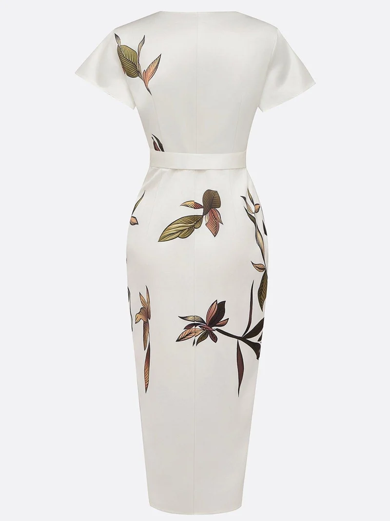 Annika | Damen Wickelkleid Midi V-Ausschnitt Blättermuster