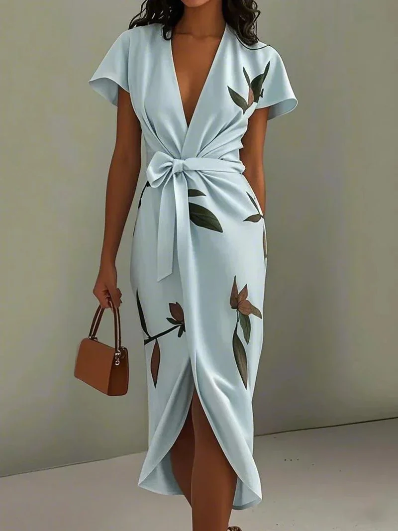 Annika | Damen Wickelkleid Midi V-Ausschnitt Blättermuster