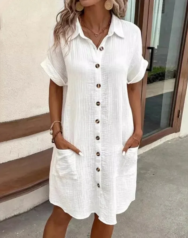 Charlotte | Hemdkleid Kurzarm Baumwolle Knopfleiste Kragen