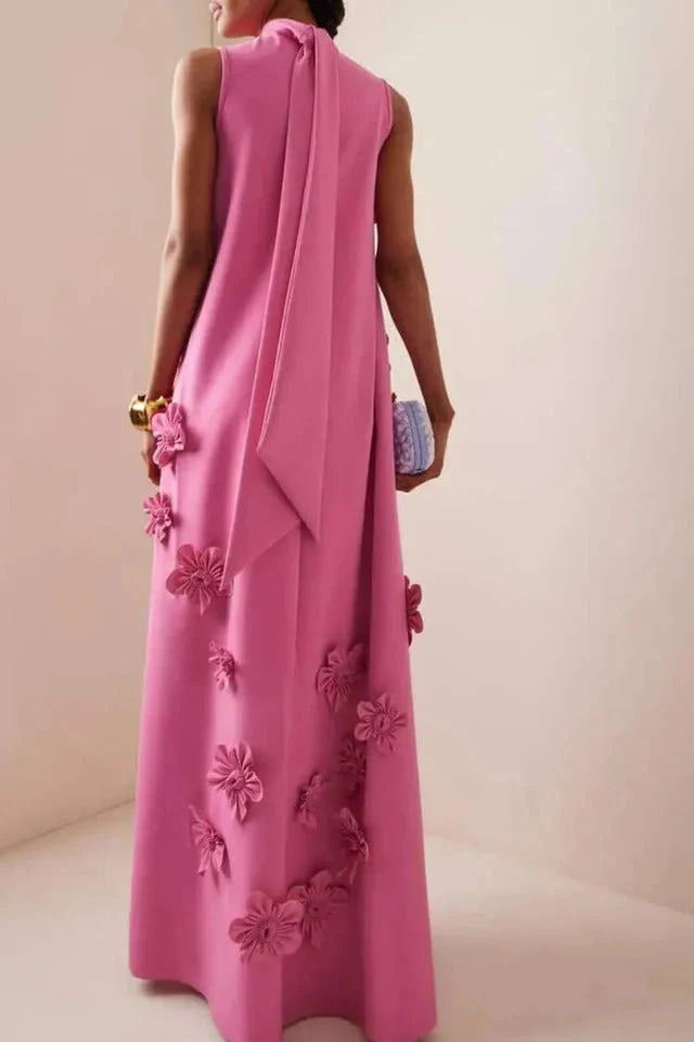 Damen Maxikleid mit Stehkragen und Blumenapplikationen
