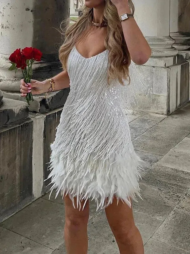 Damen Minikleid mit Fransen und Federbesatz